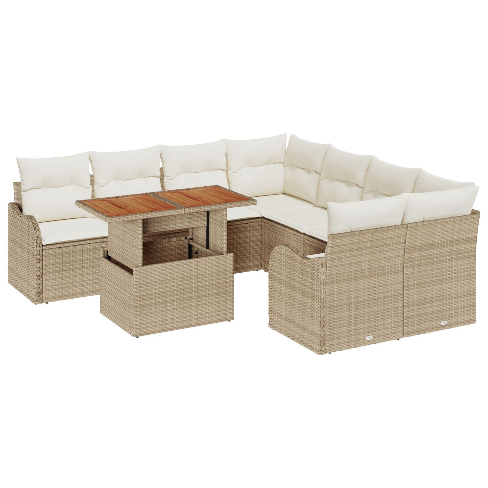 9-delt Have Sofa Sæt med Puder Beige Poly Rattan Akacietræ,  2-personers Have Sofa med Puder Beige Poly Rattan