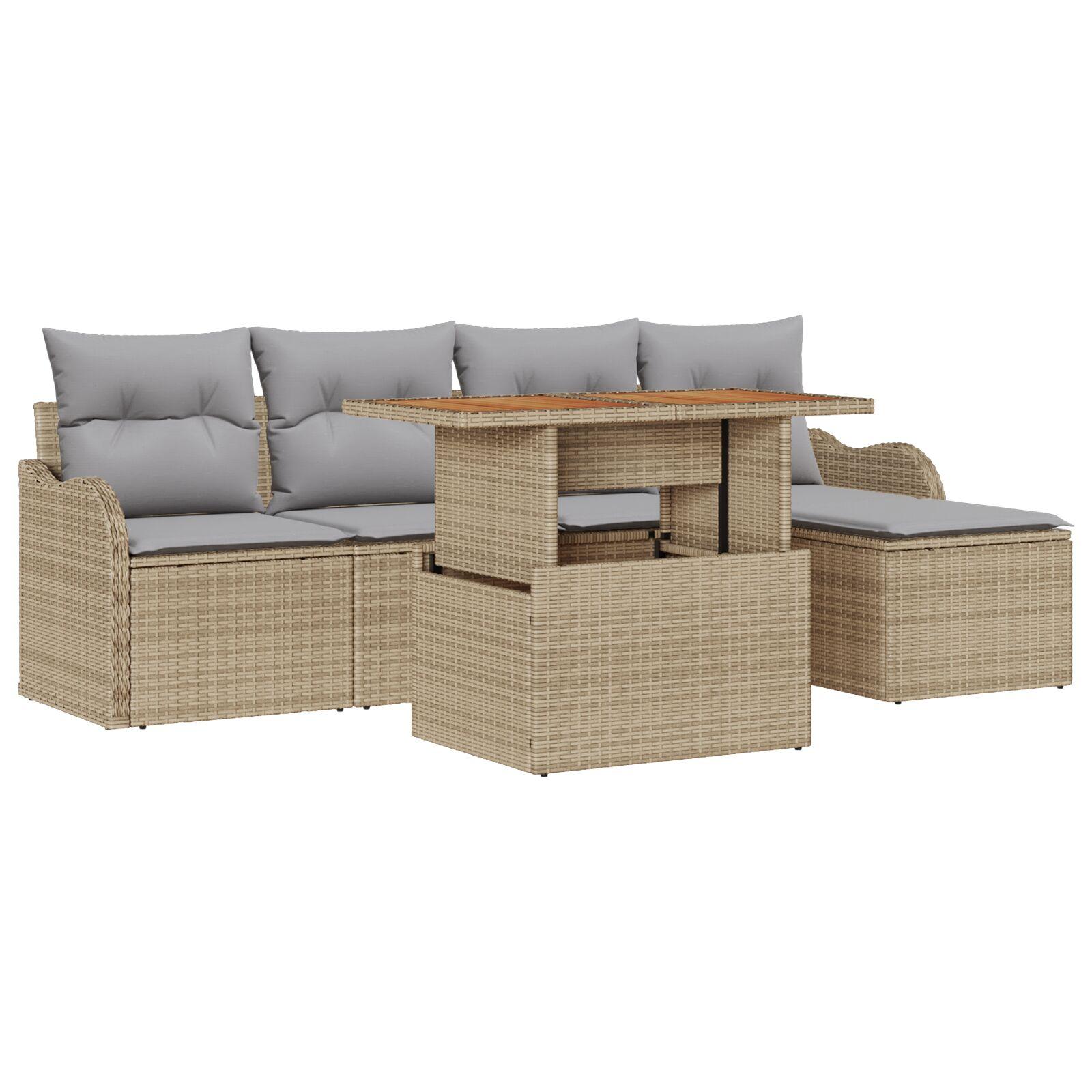 6 Delers Have Sofa Sæt med Puder Beige Poly Rattan Akacie,  2-Sæders Have Sofa med Puder Beige Poly Rattan