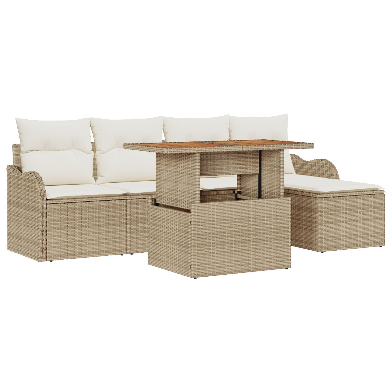 6 Deles Have Sofa Sæt med Puder Beige Poly Rattan Akacia,  2-Sæders Have Sofa med Puder Beige Poly Rattan
