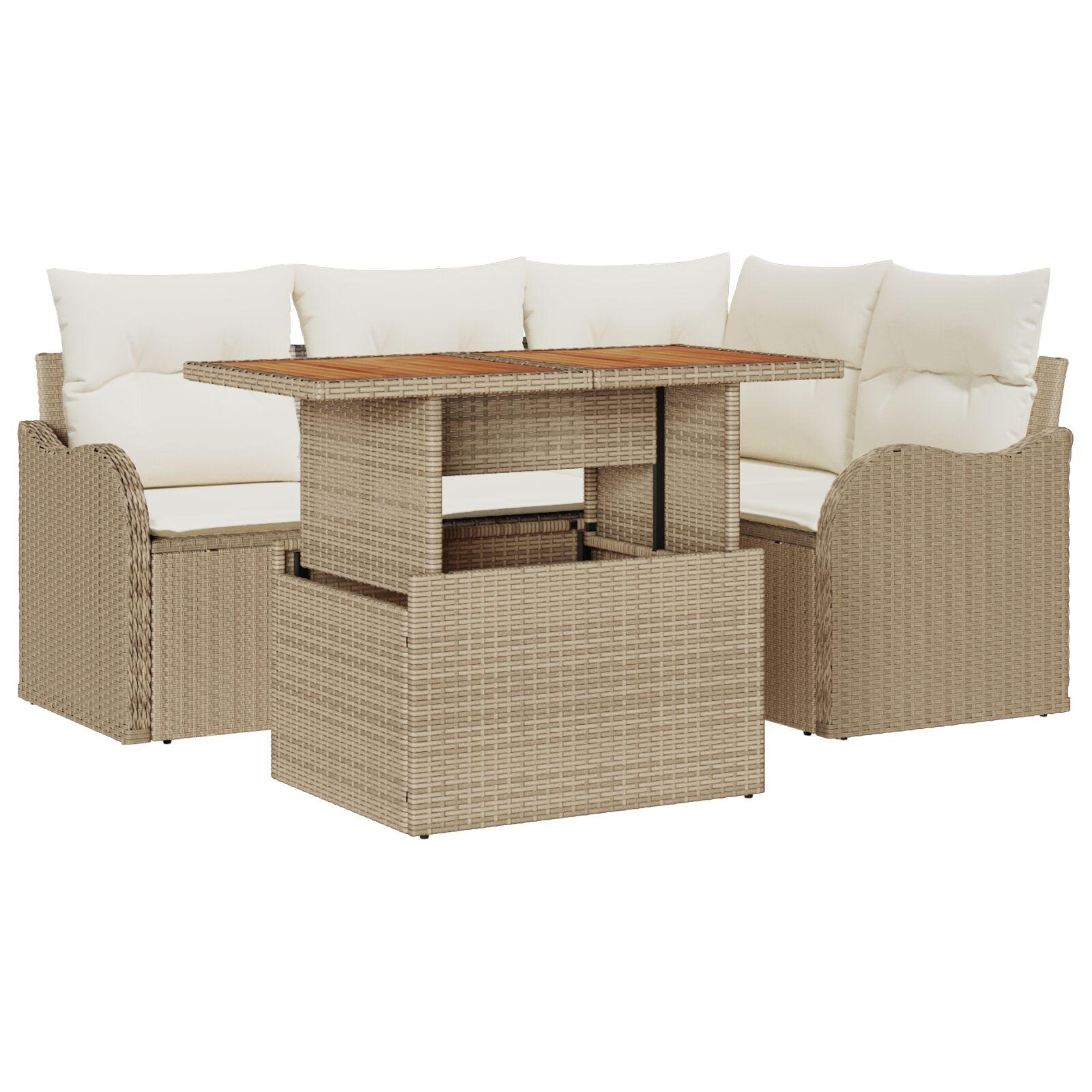 5 Deles Have Sofa Sæt med Puder Beige Poly Rattan Acacia,  2-Sæders Have Sofa med Puder Beige Poly Rattan