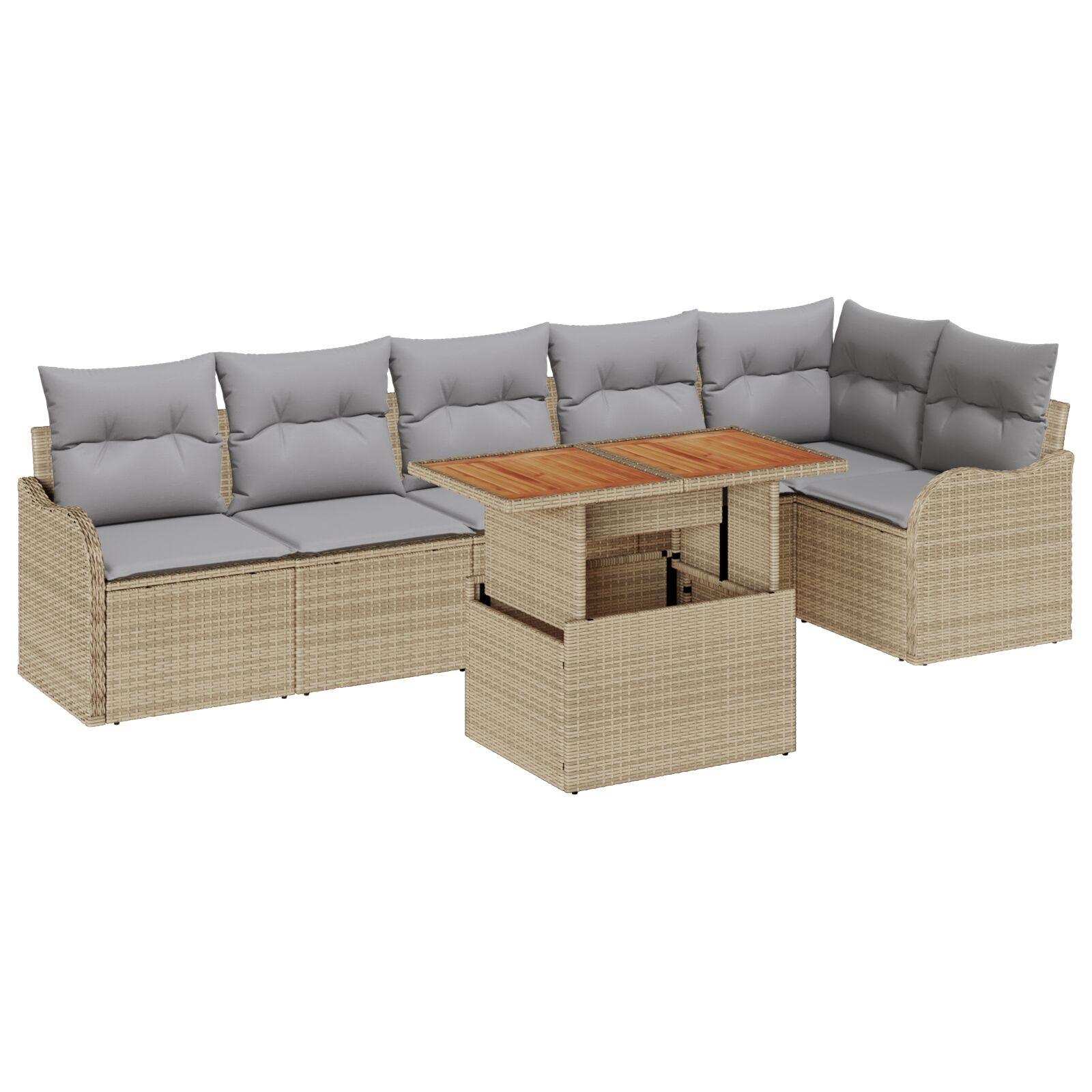 7 Delers Havesofasæt med Puder Beige Poly Rattan Acacia,  2-Personers Havesofa med Puder Beige Poly Rattan