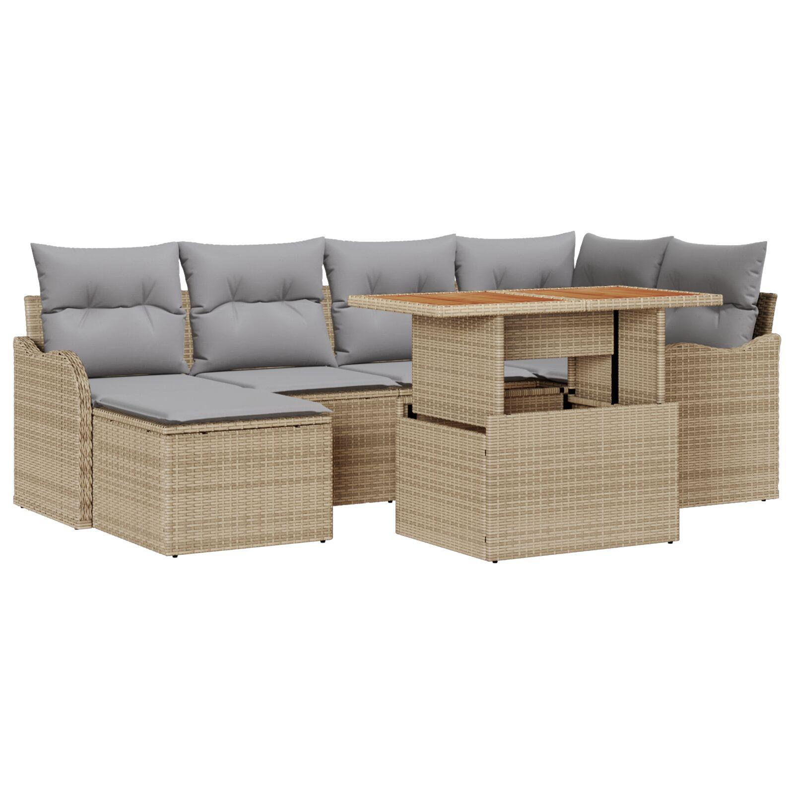 7 Stykke Have Sofa Sæt med Puder Beige Poly Rattan Akacia,  2-sæders Have Sofa med Puder Beige Poly Rattan