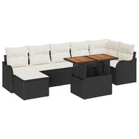 8 dele have sofa sæt med puder i sort poly rattan og akacietræ, 2-personers have sofa med puder i sort poly rattan