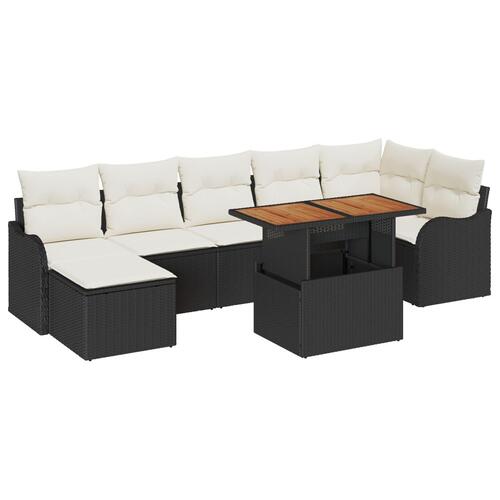 8 dele have sofa sæt med puder i sort poly rattan og akacietræ, 2-personers have sofa med puder i sort poly rattan