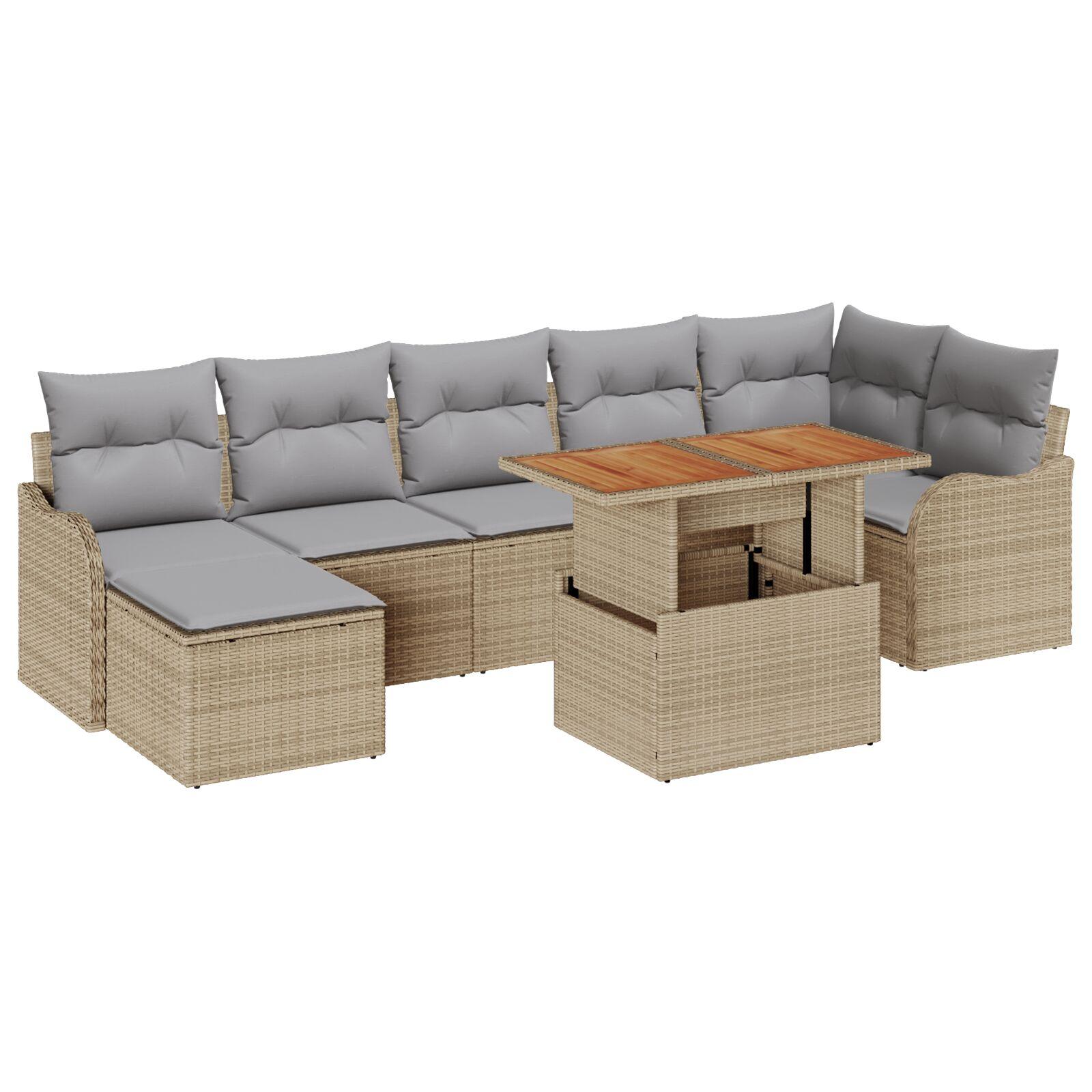 8 Delers Have Sofa Sæt med Puder Beige Poly Rattan Akacie,  2-personers Have Sofa med Puder Beige Poly Rattan