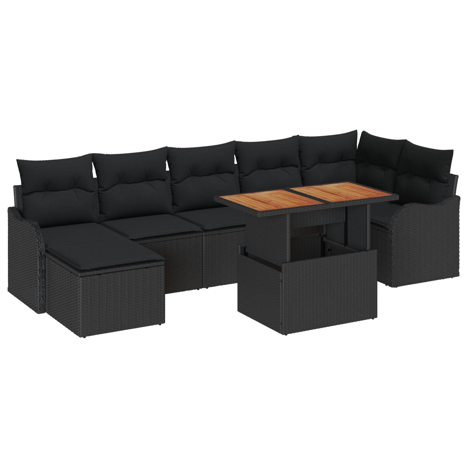 8 Stykker Have Sofa Sæt med Puder Sort Poly Rattan Acacia,  2-Sæders Have Sofa med Puder Sort Poly Rattan