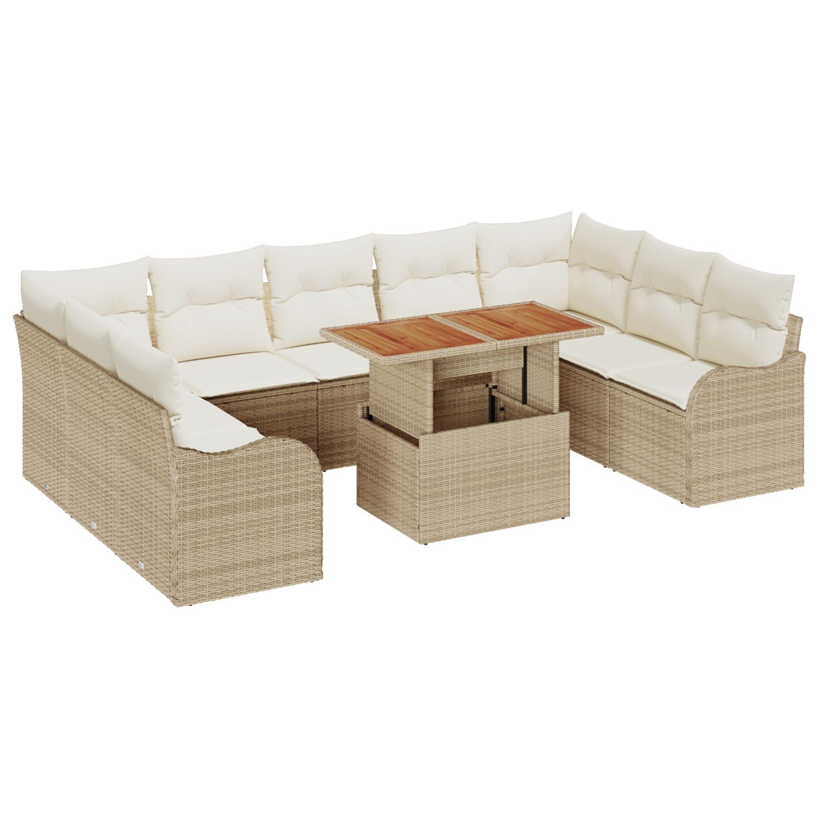 10 Stykke Have Sofa Sæt med Hynder Beige Poly Rattan Akacie,  2-Sæders Have Sofa med Hynder Beige Poly Rattan