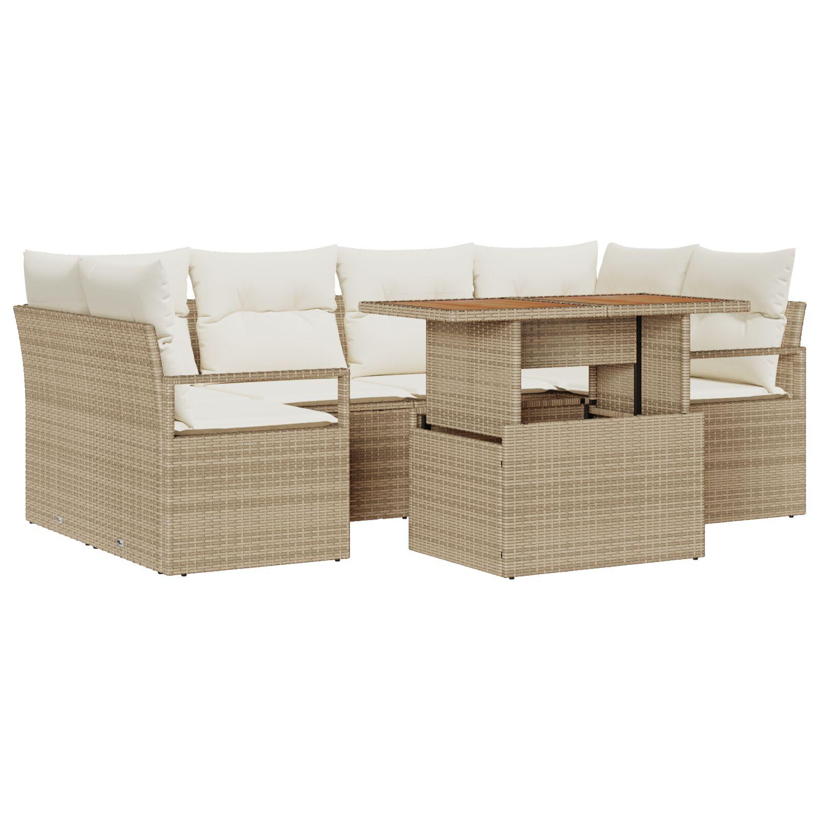 7 Personers Have Sofa Sæt med Puder Beige Poly Rattan Akacia,  2-personers Have Sofa med Puder Beige Poly Rattan