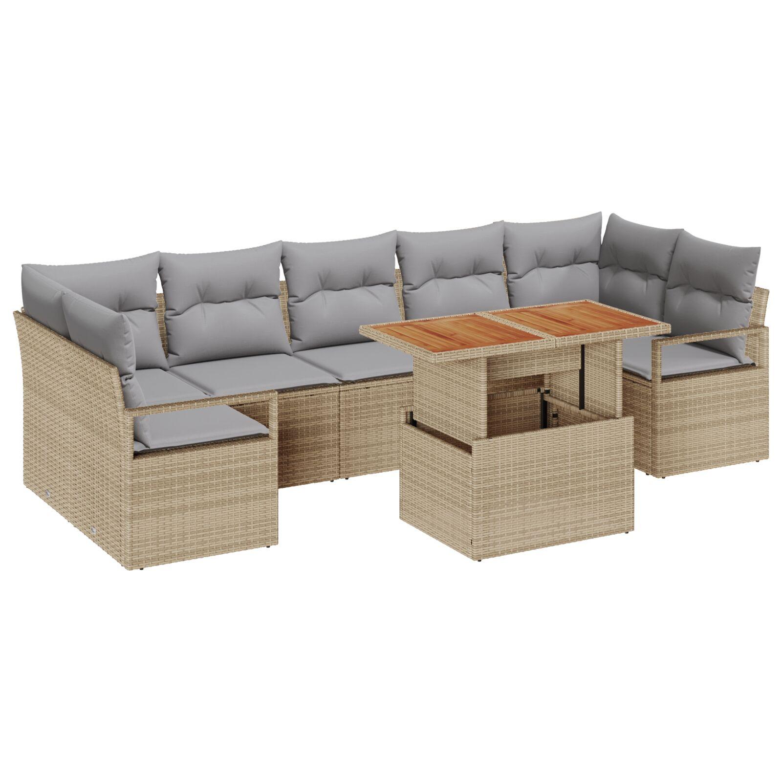 8 Delers Have Sofa Sæt med Puder Beige Poly Rattan Akacia,  2-personers Have Sofa med Puder Beige Poly Rattan