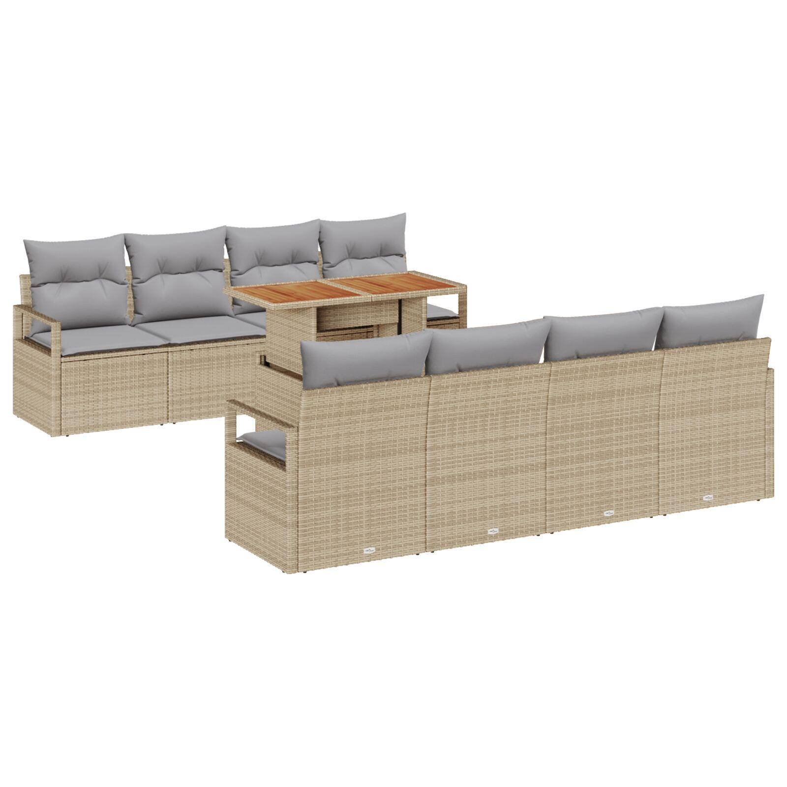 9 Styk Have Sofa Sæt med Hynder Beige Poly Rattan Akacie,  2-sæders Have Sofa med Hynder Beige Poly Rattan