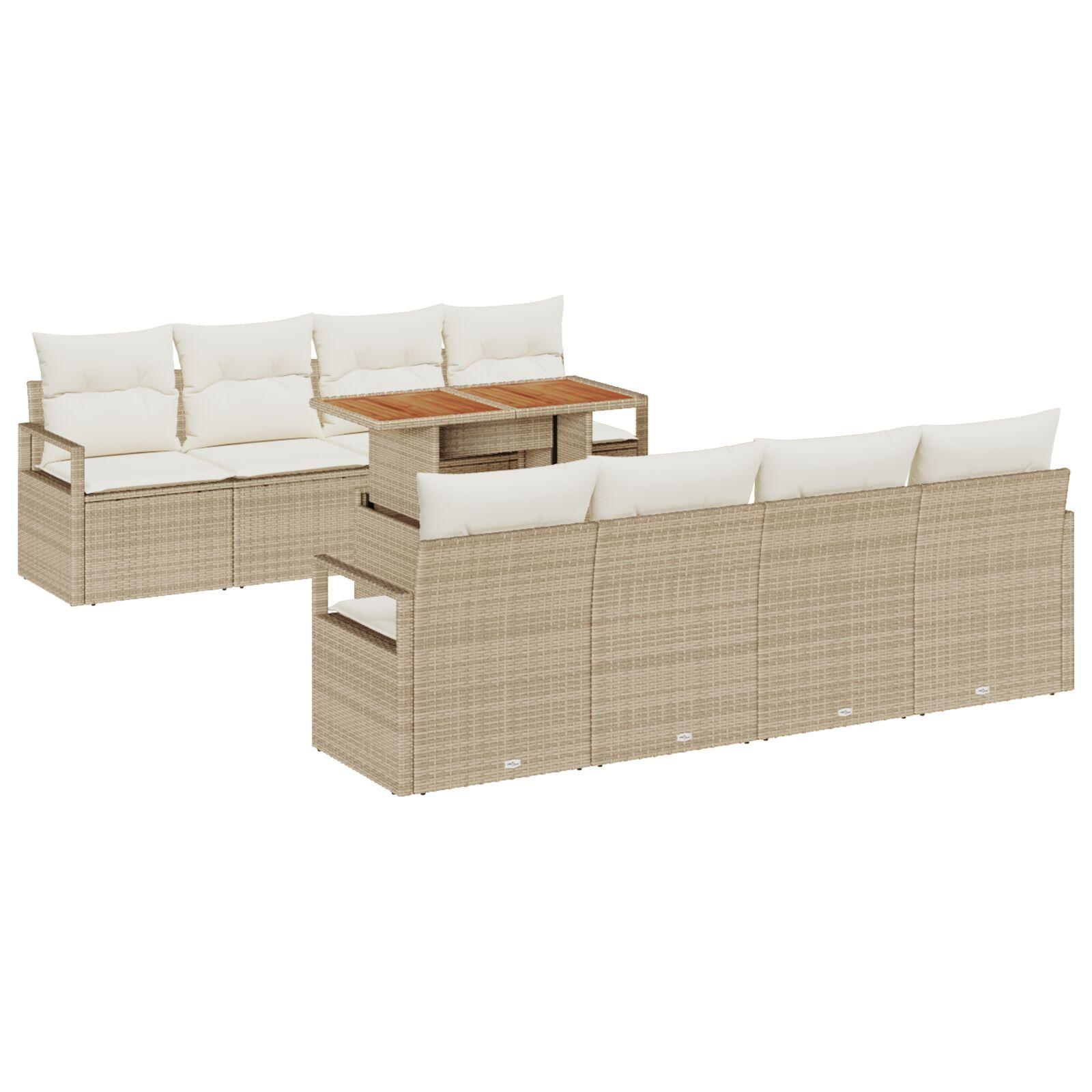 9 Stk Have Sofa Sæt med Puder Beige Poly Rattan Akacie,  2-personers Have Sofa med Puder Beige Poly Rattan