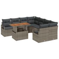 9 Delers Have Sofa Sæt med Puder Grå Poly Rattan Akacietræ, 2-Personers Have Sofa med Puder Grå Poly Rattan