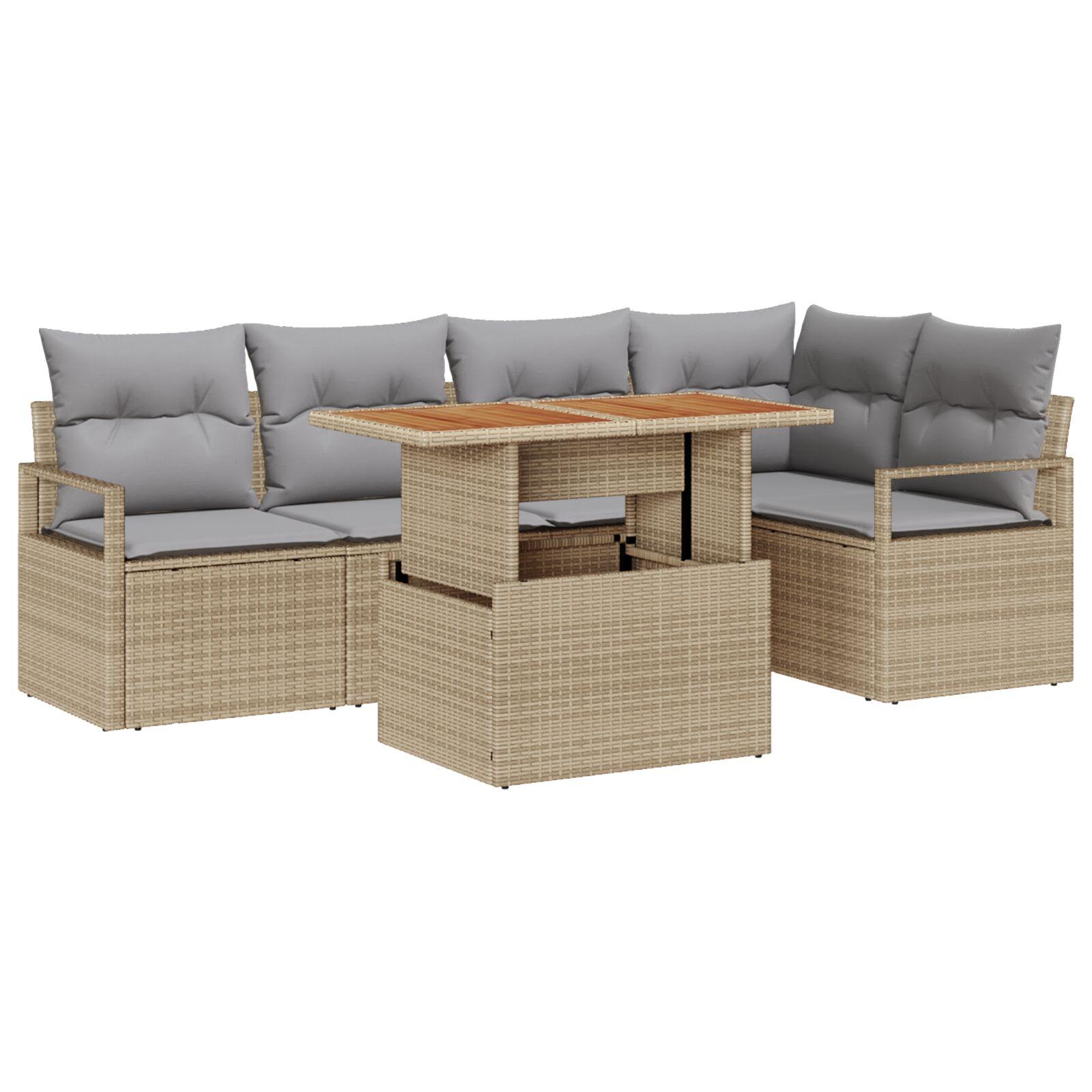 6 Stykker Have Sofa Sæt med Puder Beige Poly Rattan Akacie,  2-Sæders Have Sofa med Puder Beige Poly Rattan