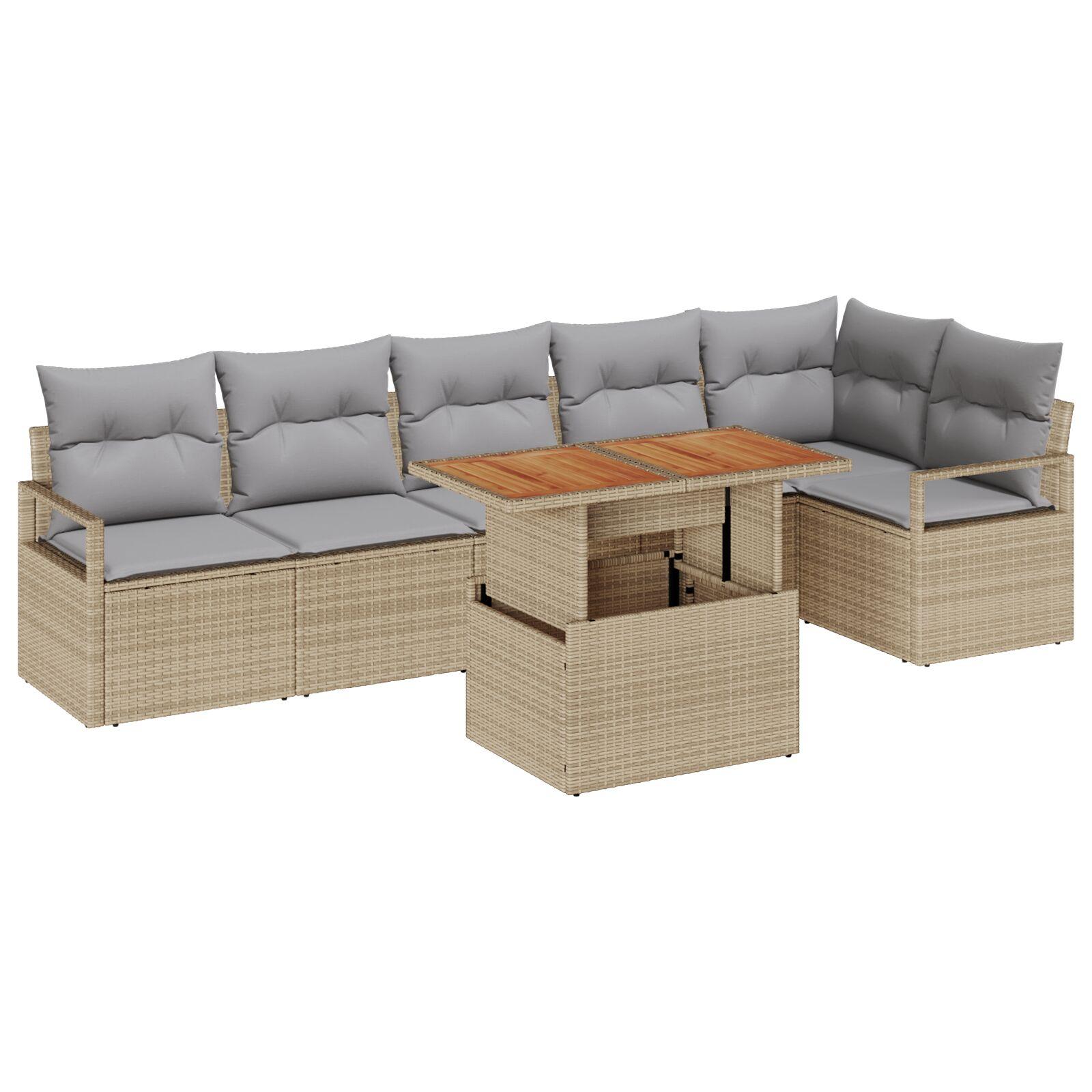 7-delt Havesofa sæt med puder Beige Poly Rattan Akacia,  2-personers havesofa med puder Beige Poly Rattan