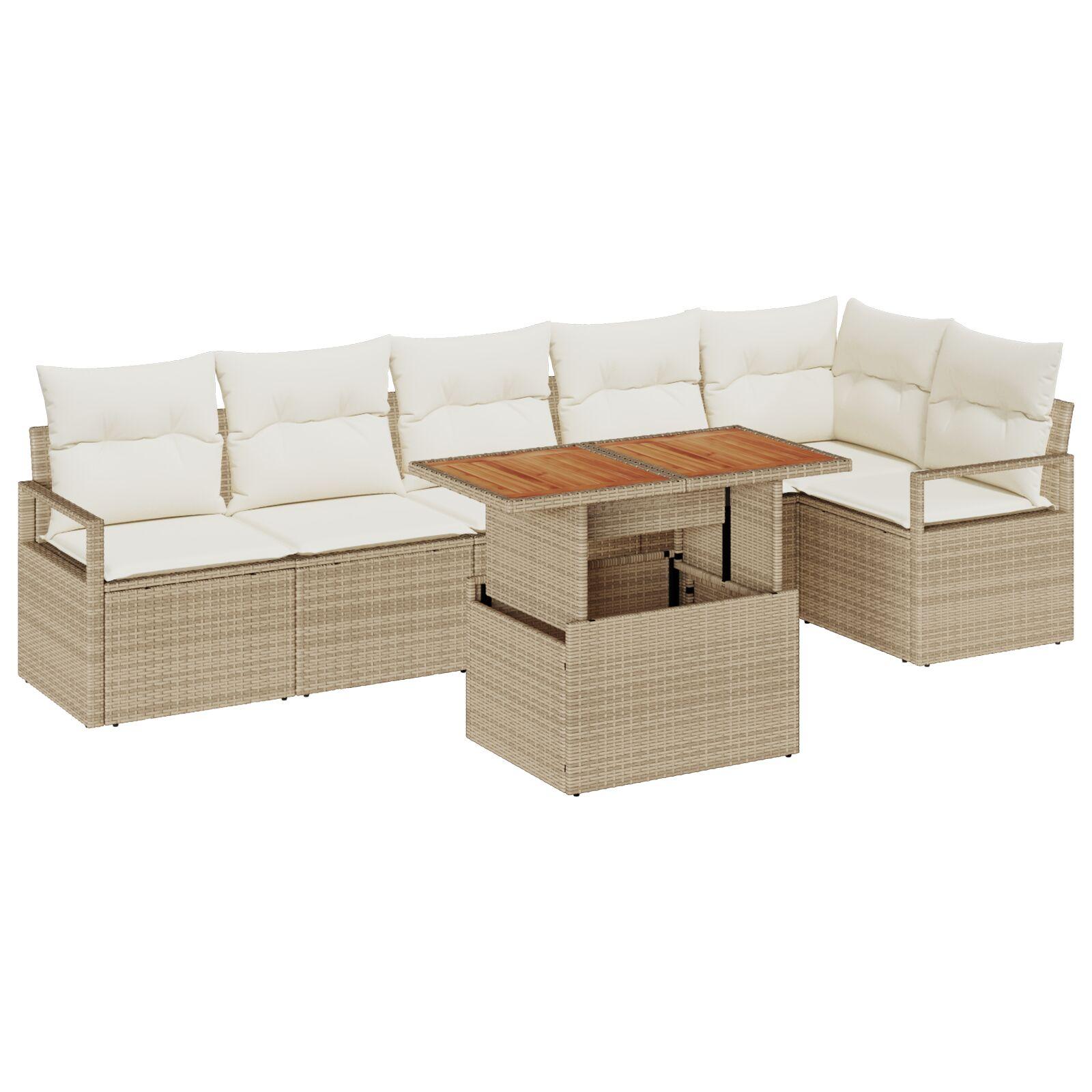 7 Personers Have Sofa Sæt med Puder Beige Poly Rattan Akacietræ,  2-personers Have Sofa med Puder Beige Poly Rattan