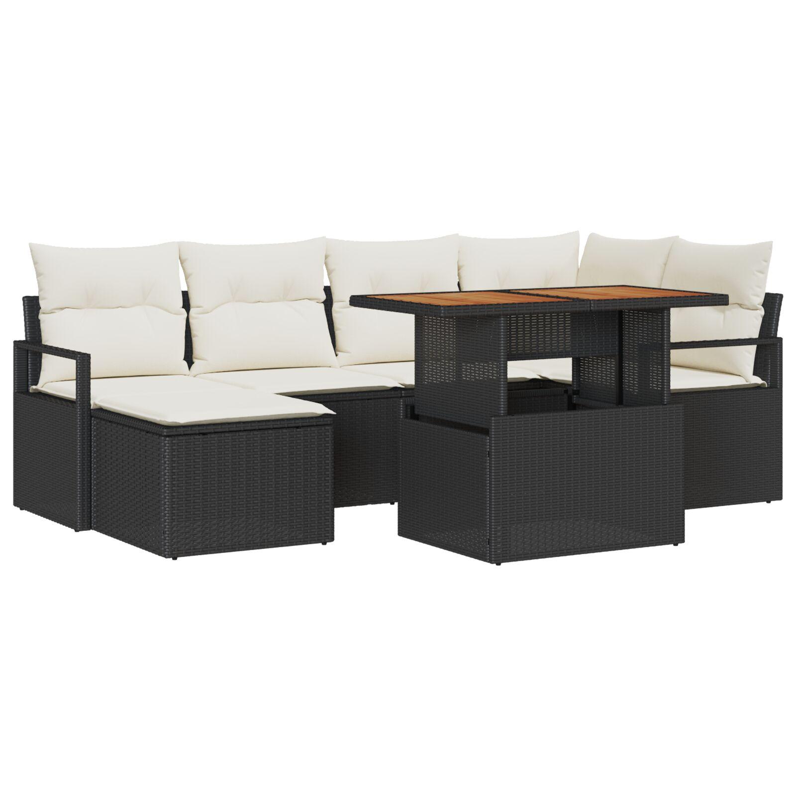 7 Personers havesofa sæt med puder Sort Poly rattan Akacia,  2-personers havesofa med puder Sort Poly rattan