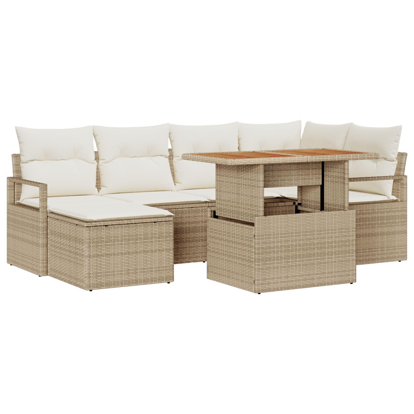 7-delt Have Sofa Sæt med Puder Beige Poly Rattan Akacia,  2-personers Have Sofa med Puder Beige Poly Rattan
