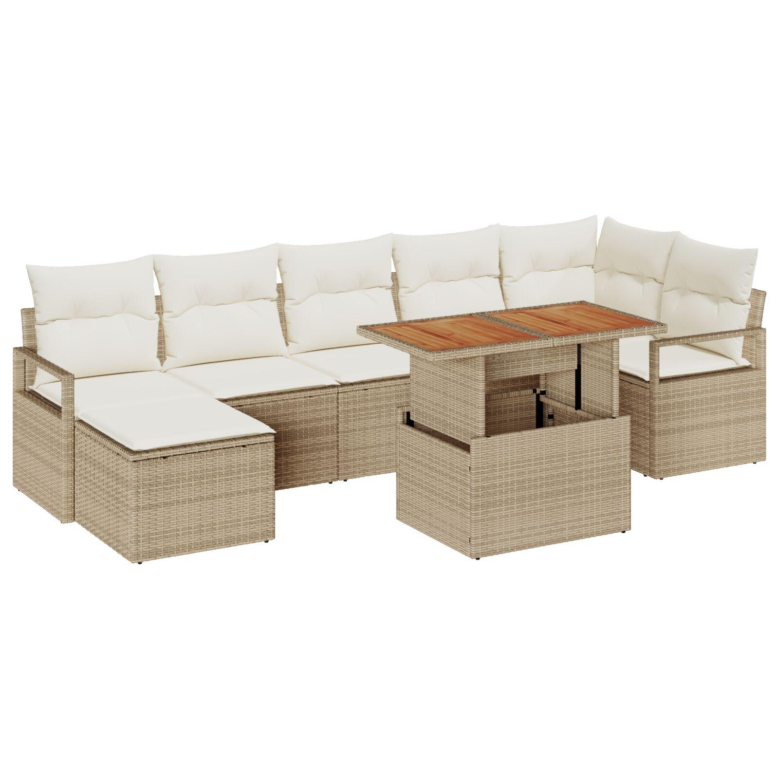 8 Styks Have Sofa Sæt med Puder Beige Poly Rattan Akacie,  2-Sæders Have Sofa med Puder Beige Poly Rattan