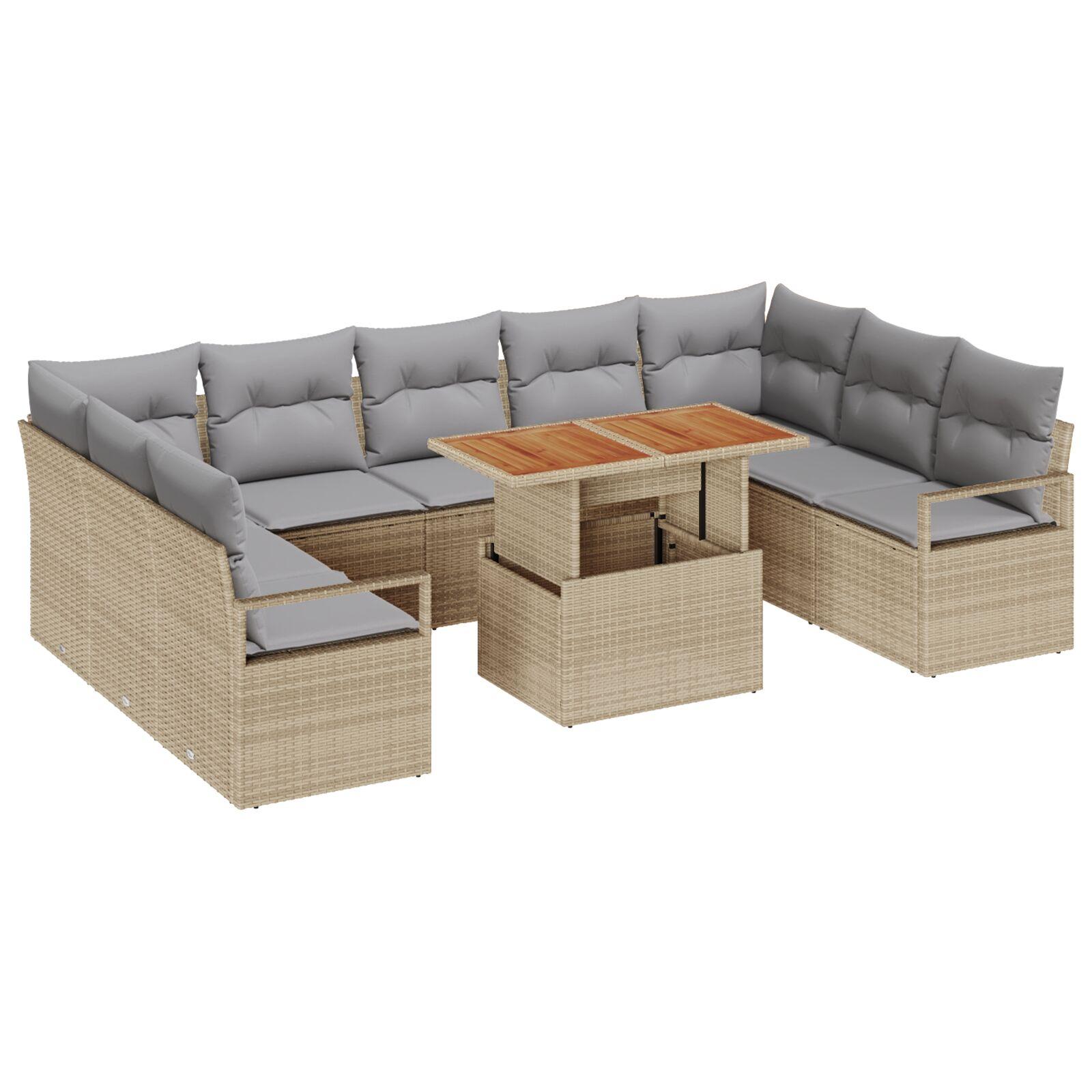 10 Dele Have Sofa Sæt med Hynder Beige Poly Rattan Acacia,  2-Sæders Have Sofa med Hynder Beige Poly Rattan