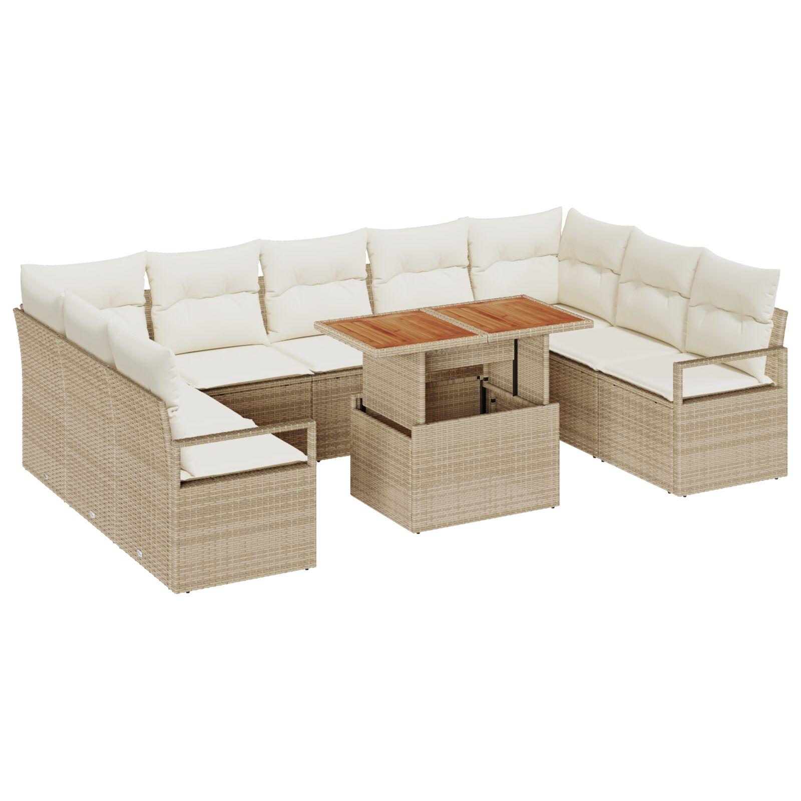 10 Delt Havesofa Sæt med Hynder Beige Poly Rattan Akacia,  2-Sæders Havesofa med Hynder Beige Poly Rattan