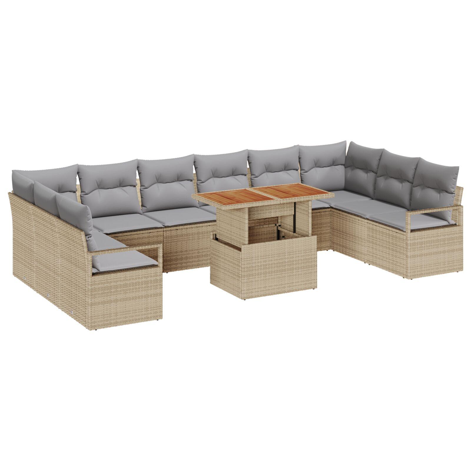 11-delt Have Sofa Sæt med Puder Beige Poly Rattan Akacie,  2-personers Have Sofa med Puder Beige Poly Rattan