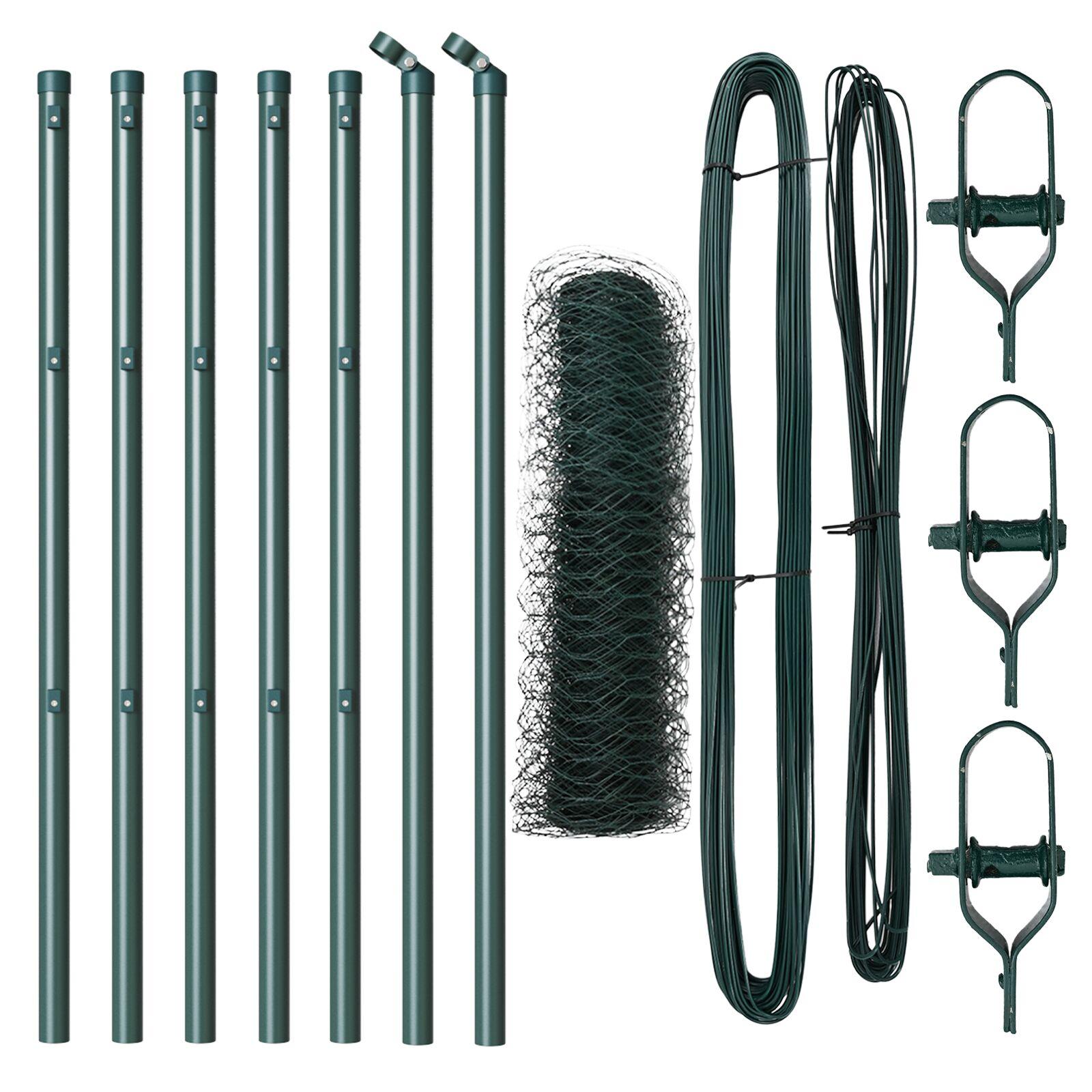 Hexagonhegn Grøn 0.4x10 m Stål,  Hegnsstolper 7 stk Grøn Ø32 mm 80 cm Galvaniseret stål