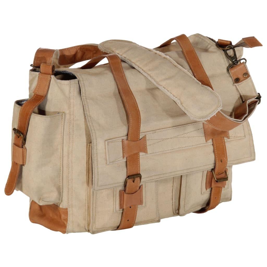 Skuldertaske 42 x 13 x 34,5 cm kanvas og ægte læder beige