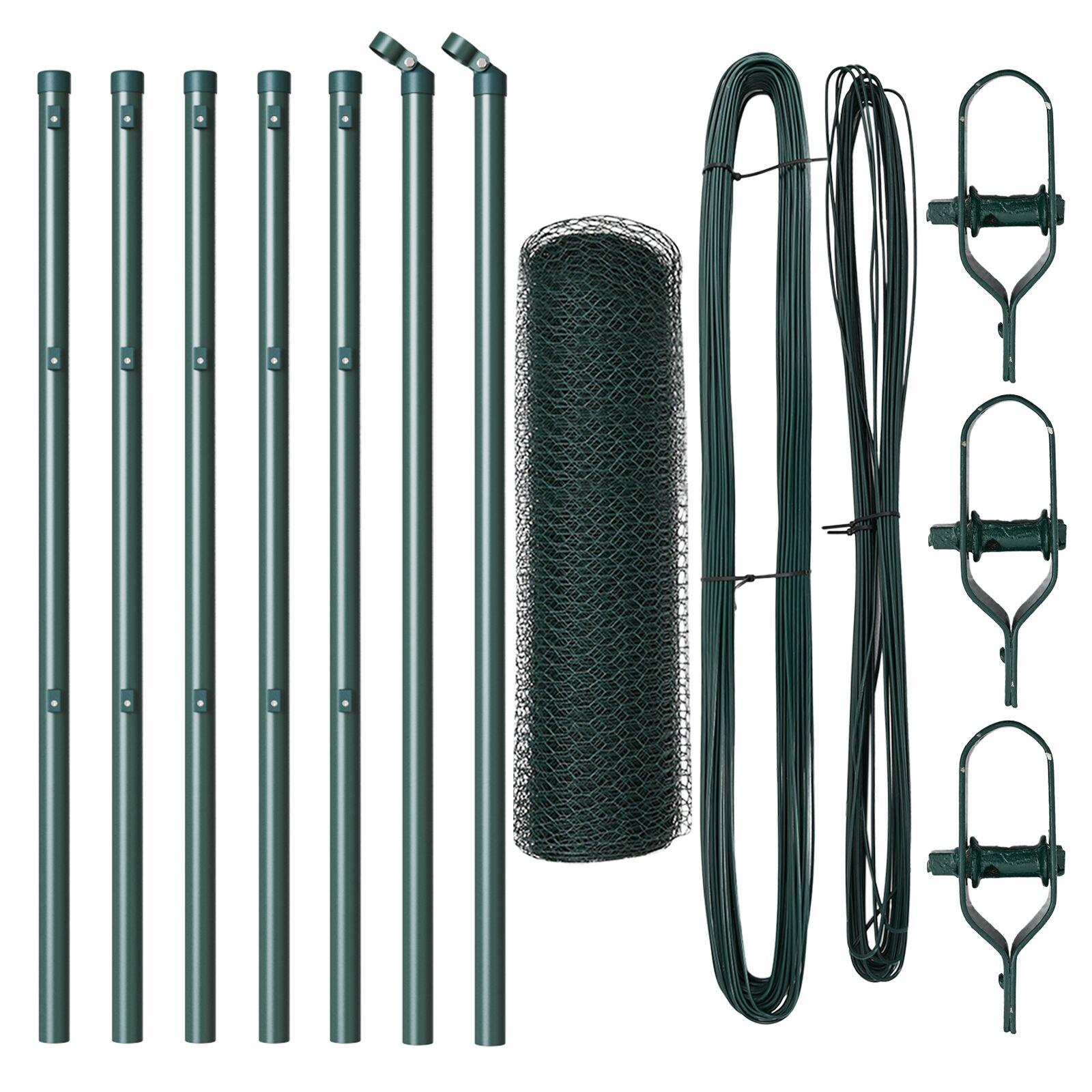 Sekskantet Hegn Grøn 0.8x10 m Stål,  Hegn Stolper 7 stk Grøn Ø32 mm 120 cm Galvaniseret Stål