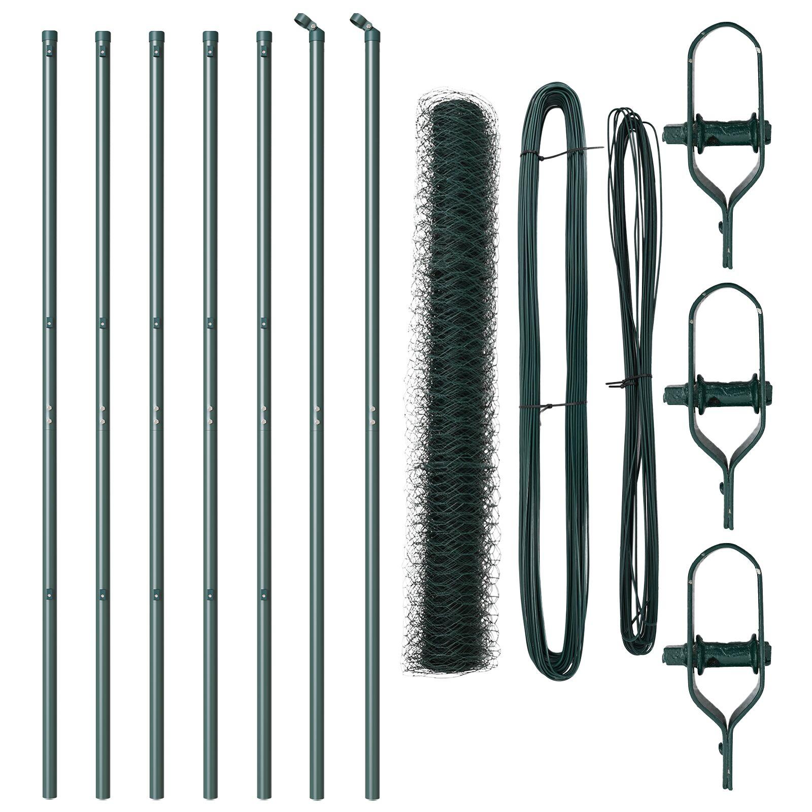 Hexagon hegn grøn 1,4x10 m stål,  Hegn post 7 stk grøn Ø32 mm 190 cm galvaniseret stål