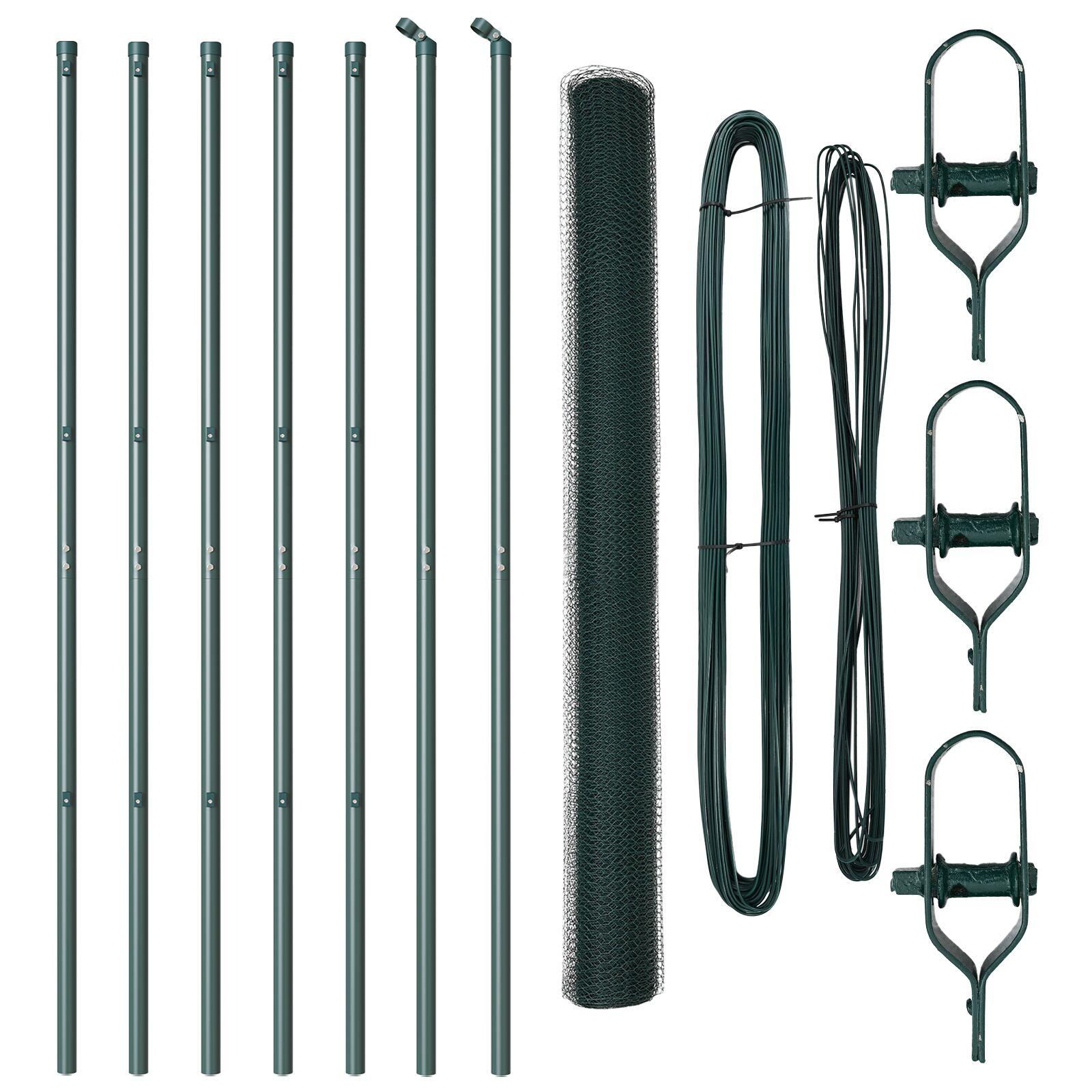 Sekskantet Hegn Grøn 1,5x10 m Stål,  Hegnsposter 7 stk Grøn Ø32 mm 200 cm Galvaniseret Stål