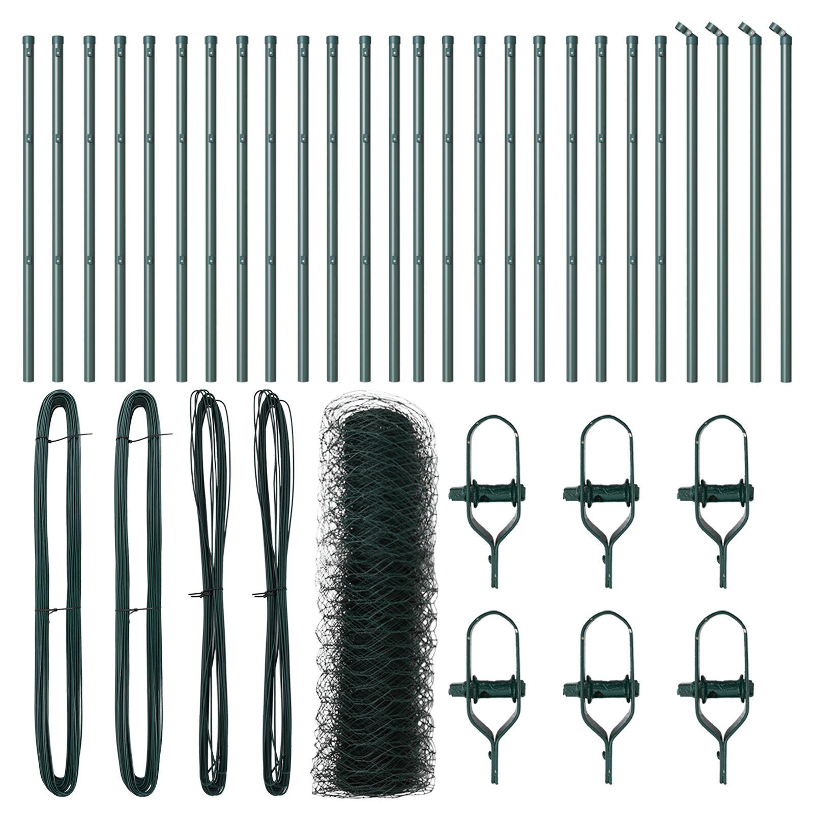 Hexagonhegn Grøn 0,4x50 m Stål,  Hejeposter 13 stk Grøn Ø32 mm 80 cm Galvaniseret stål