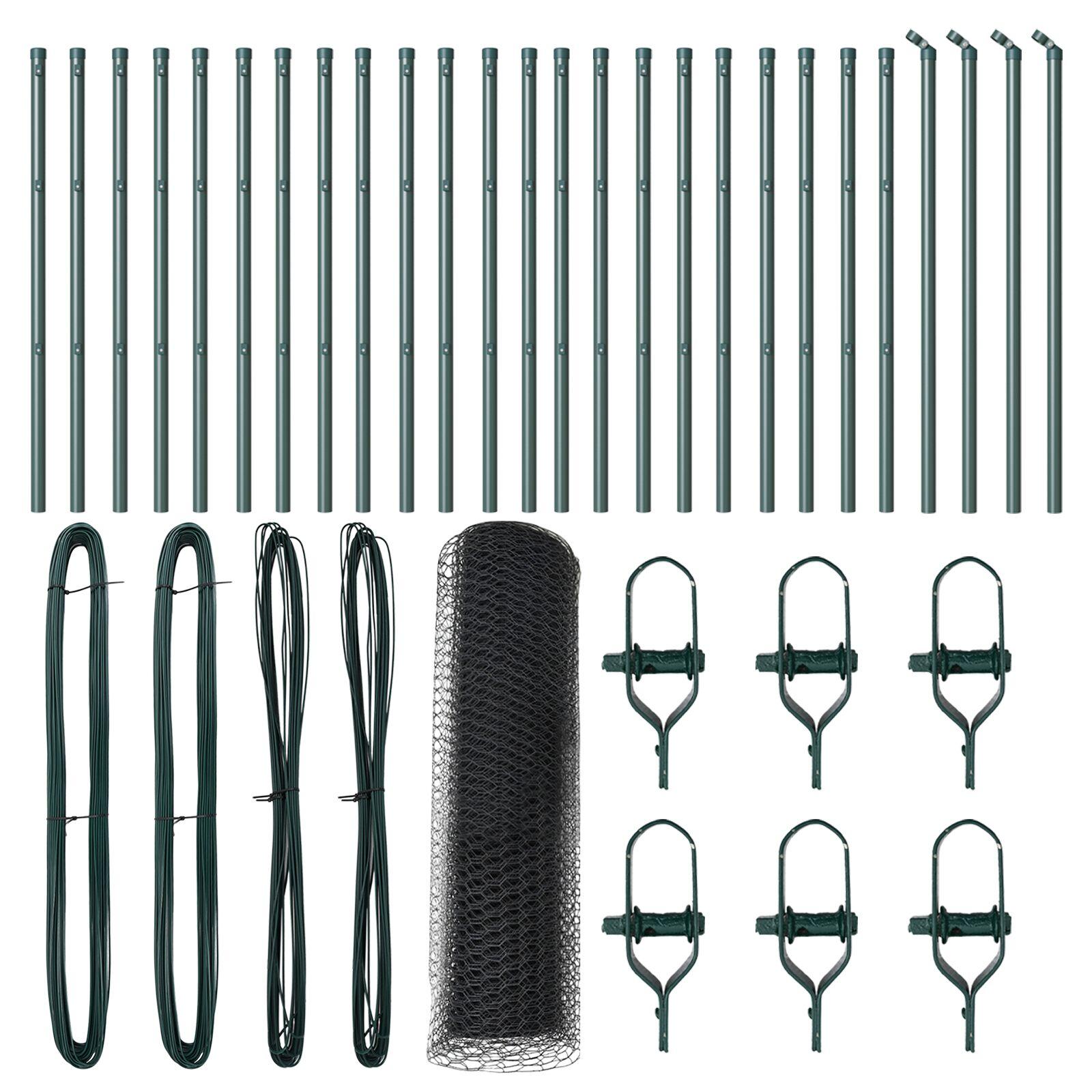 Hexagon hegn Grå 0,5x50 m Stål,  Hegn stolper 13 stk Grøn Ø32 mm 100 cm Galvaniseret stål