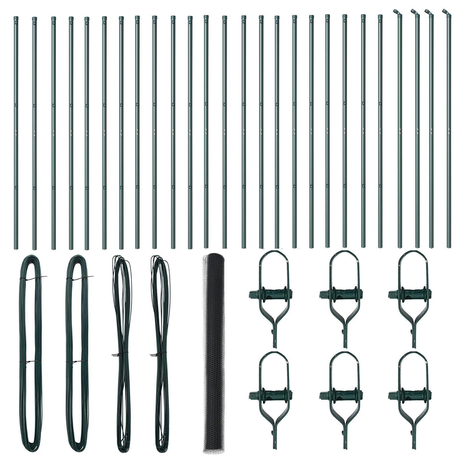 Hexagon hegn Grå 1.5x50 m Stål,  Hegnsstolper 13 stk Grøn Ø32 mm 200 cm Galvaniseret Stål