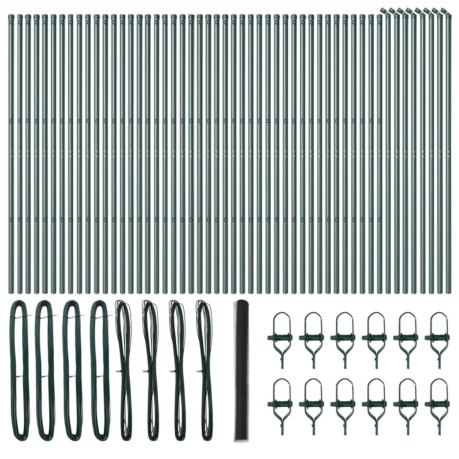 Hexagon Hegn Grå 1.6x100 m Stål,  Hegn Poster 13 stk Grøn Ø32 mm 210 cm Galvaniseret Stål