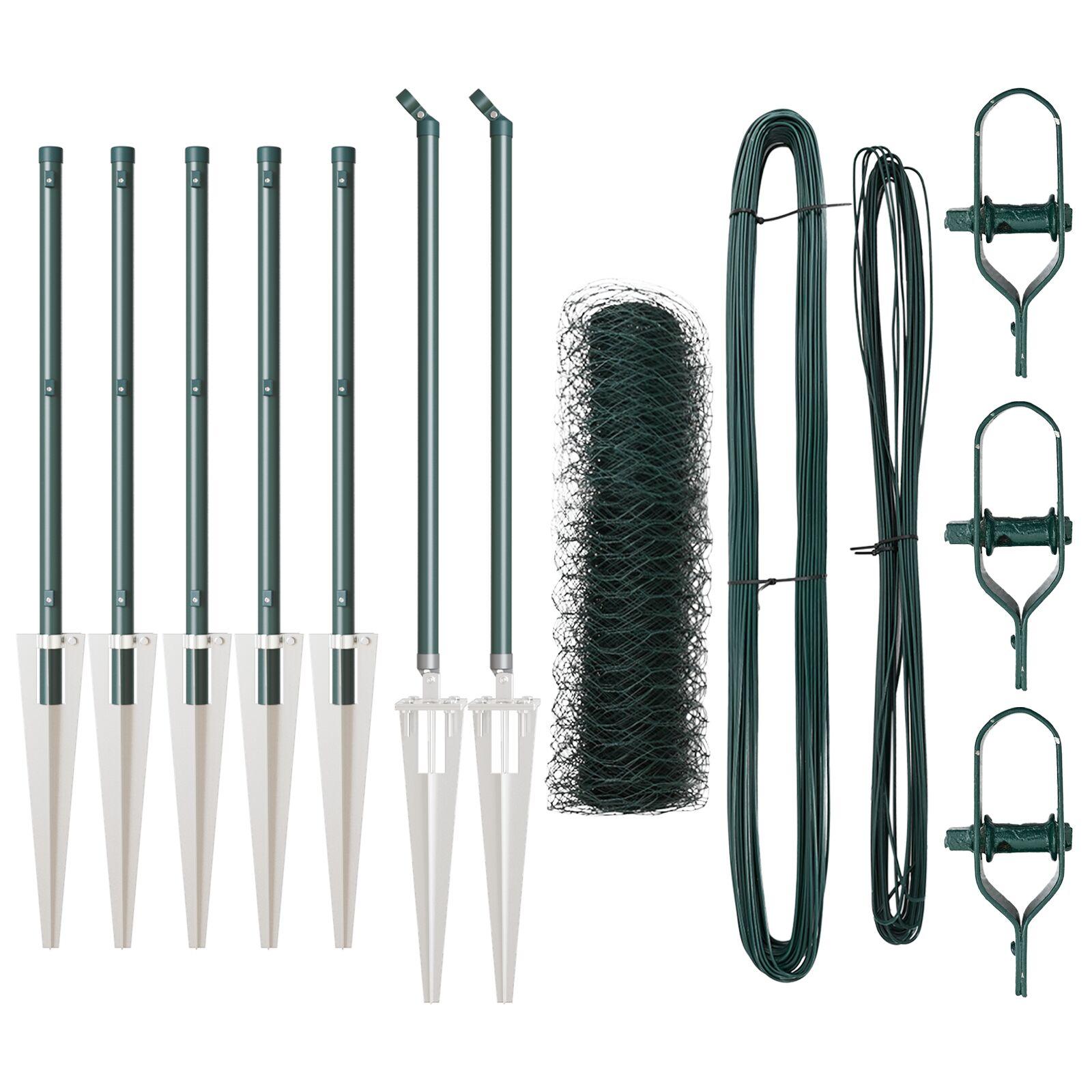 Sekskantet Hegn Grøn 0.5x10 m Stål,  Hegnspæle med Spyd 7 stk Ø32 mm 80 cm Galvaniseret Stål