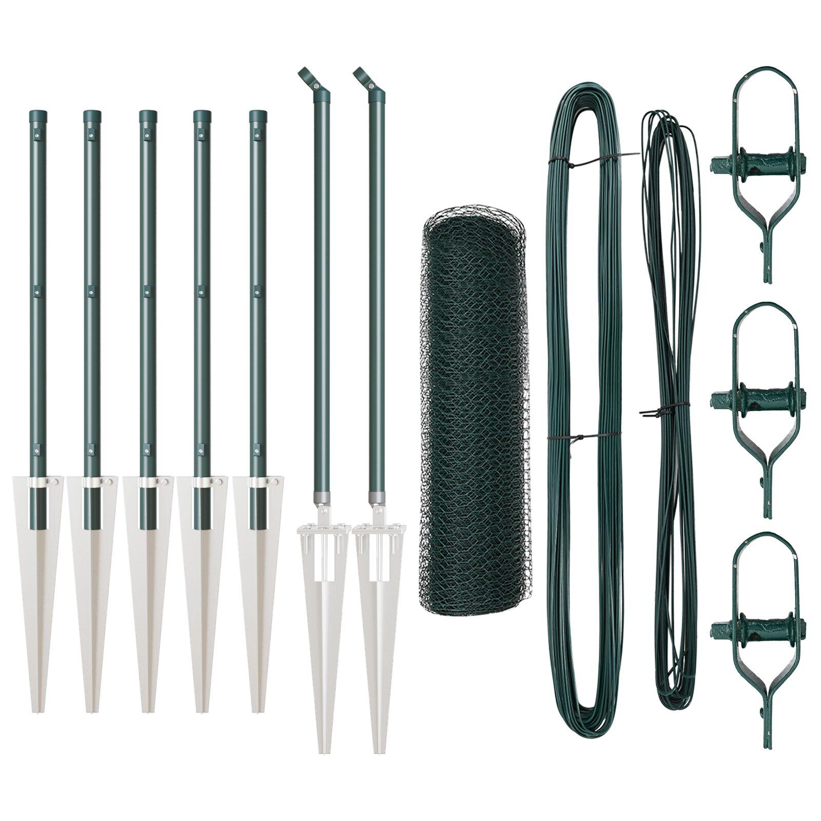 Hexagonhegn Grøn 0.8x10 m Stål,  Hegn Stolper med Spids 7 stk Ø32 mm 100 cm Galvaniseret Stål