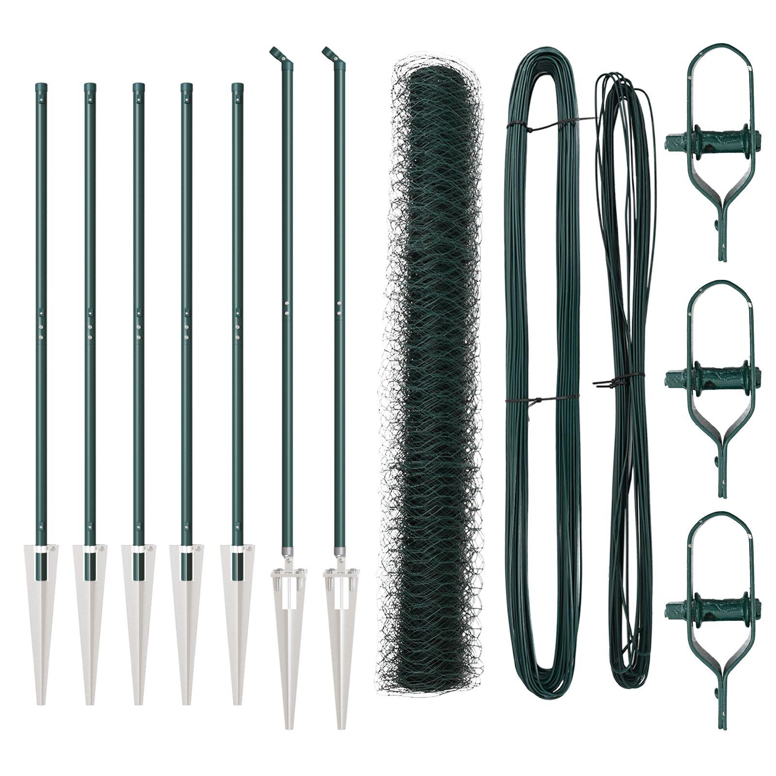 Hexagonhegn Grøn 1.4x10 m Stål,  Hegnsposter med spyd 7 stk Ø32 mm 160 cm Galvaniseret stål