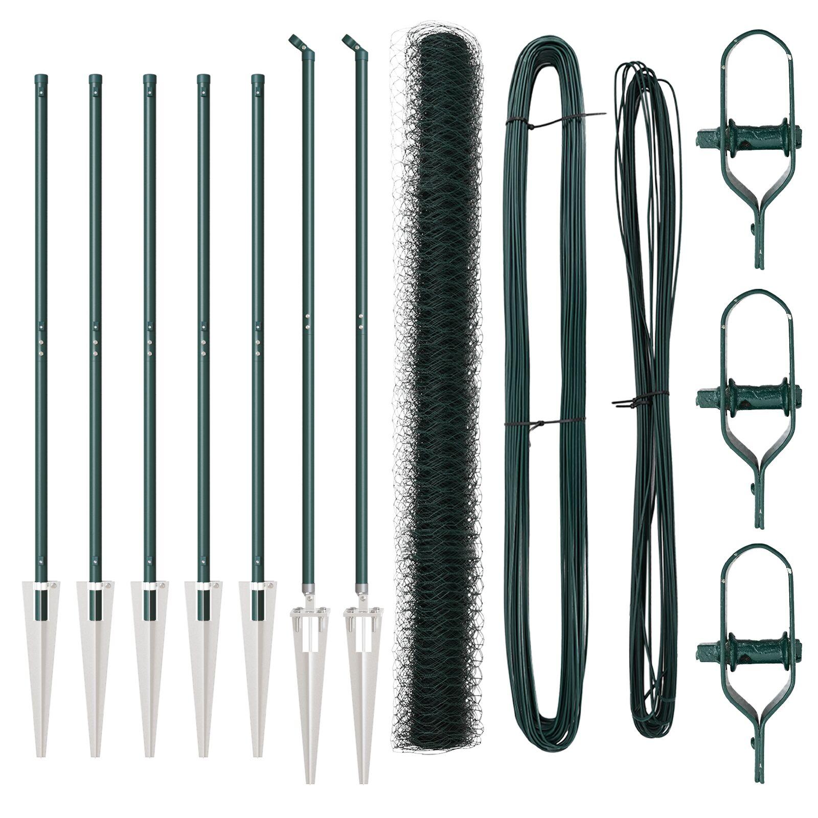 Hexagon hegn Grøn 1,5x10 m Stål,  Hegnspæle med spids 7 stk Ø32 mm 170 cm Galvaniseret stål