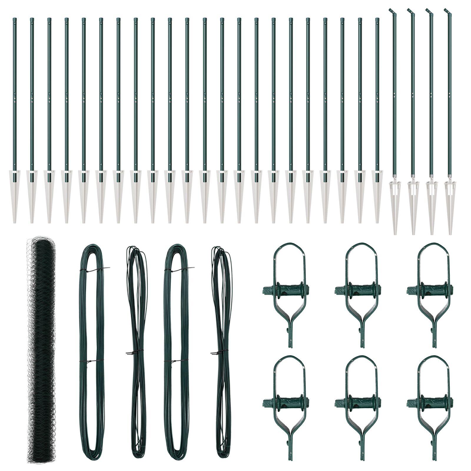 Sekskanthegn Grøn 1,5x50 m Stål,  Hegnsposter med spids 13 stk Ø32 mm 170 cm Galvaniseret stål