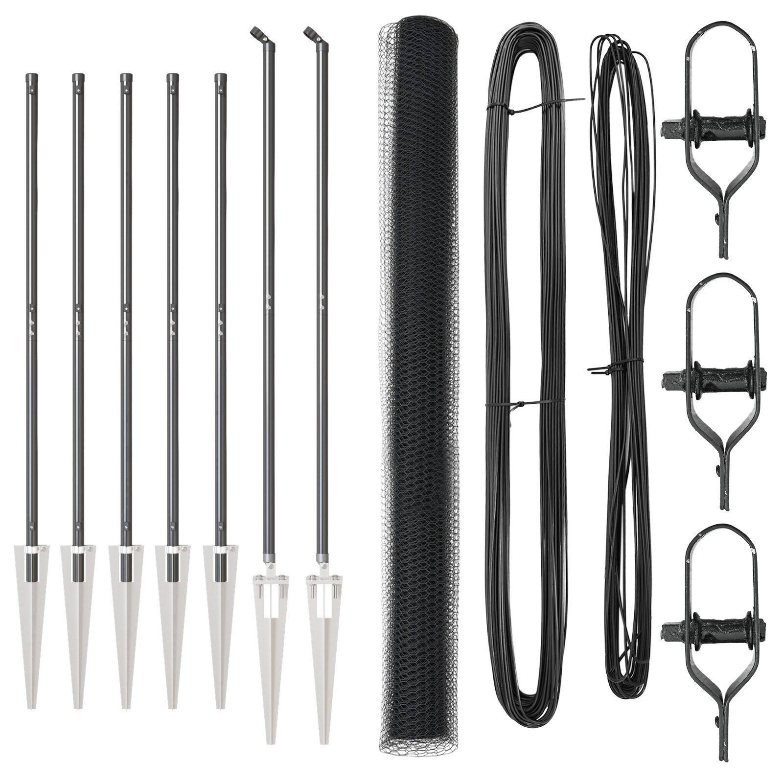 Sekskantet Hegn Grå 1,6x10 m Stål,  Hejnpæle med Spids 7 stk Ø32 mm 180 cm Galvaniseret Stål