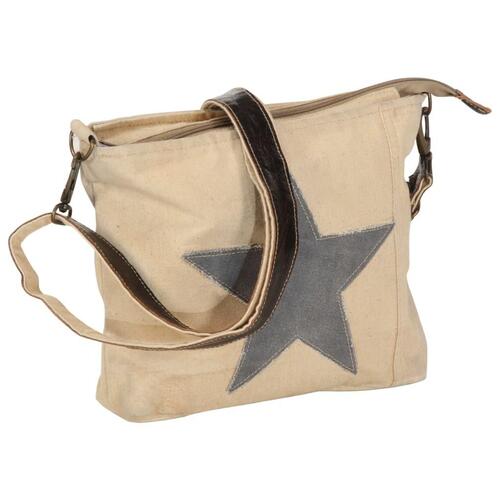 Skuldertaske 34 x 23 cm kanvas og ægte læder beige