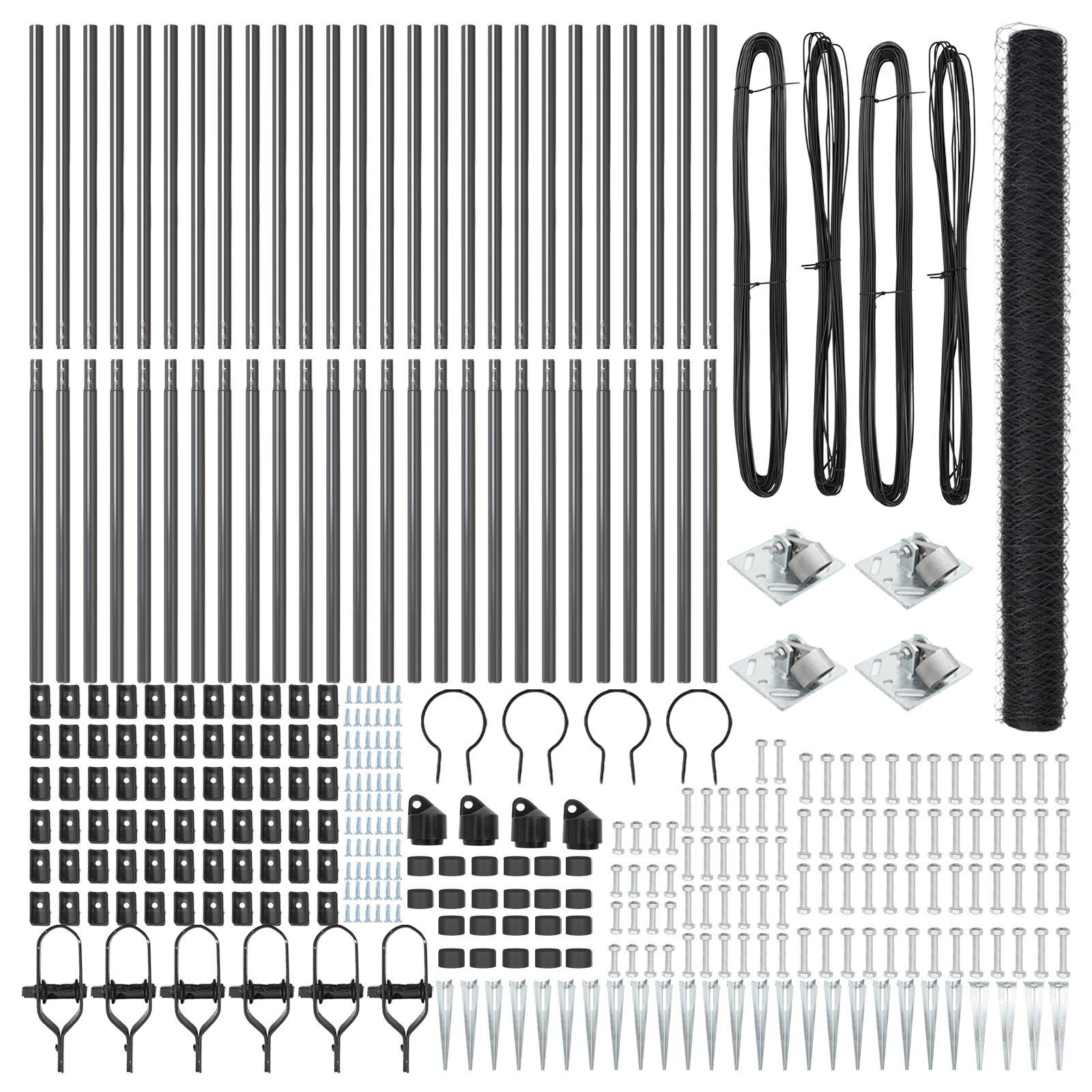 Hexagon hegn grå 1,6x50 m stål,  hegnspæle med spids 13 stk Ø32 mm 180 cm galvaniseret stål