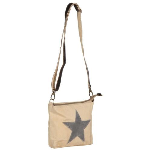 Skuldertaske 34 x 23 cm kanvas og ægte læder beige