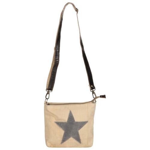 Skuldertaske 34 x 23 cm kanvas og ægte læder beige