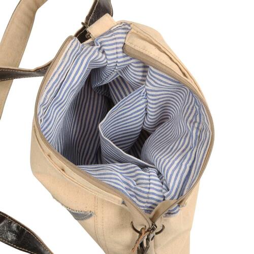 Skuldertaske 34 x 23 cm kanvas og ægte læder beige