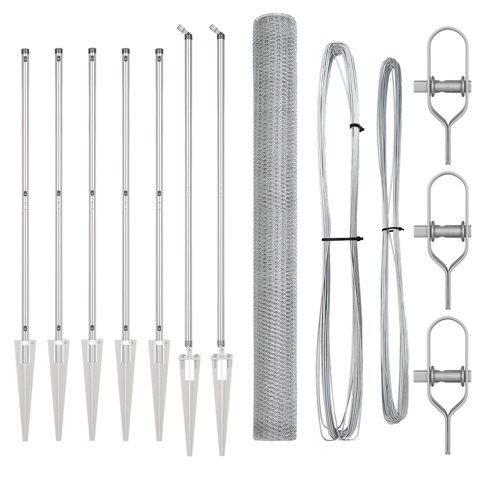 Hexagonhegn 1,6x10 m galvaniseret stål,  Hejningsposter med spidse ankre 7 stk Ø32 mm 180 cm galvaniseret stål
