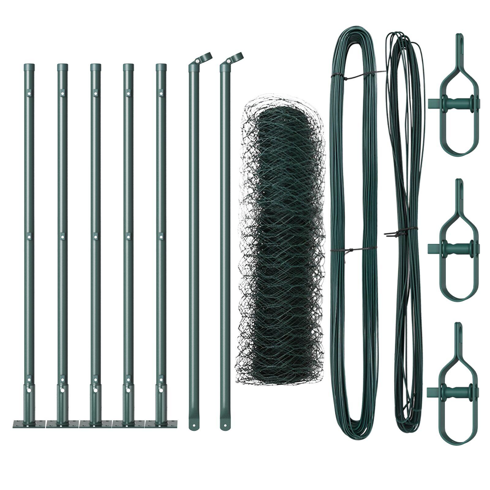 Hexagon Hegn Grøn 0,4x10 m Stål,  Hegnspæle med Baseplader 7 stk Ø32mm 50cm Galvaniseret Stål