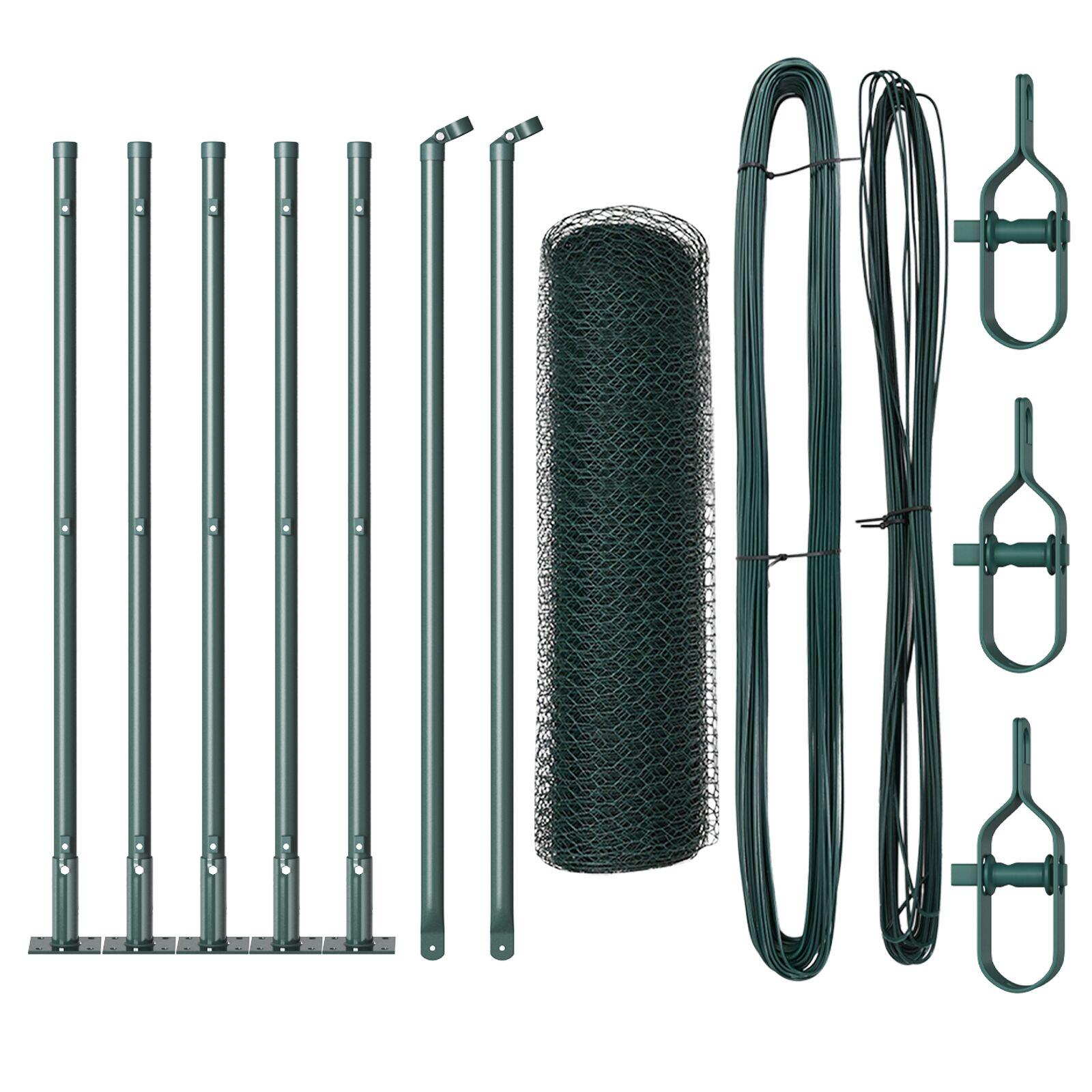 Hexagon Hegn Grøn 0.5x10 m Stål,  Hegn Stolper med Basplader 7 stk Ø32mm 70cm Galvaniseret Stål