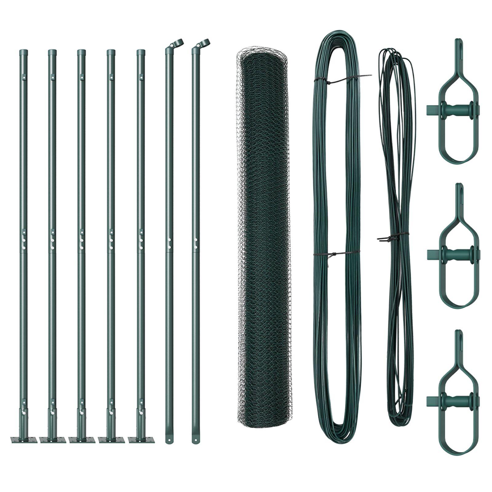 Hexagon hegn Grøn 0,8x10 m Stål,  Hegnspost med baseplader 7 stk Ø32mm 90cm Galvaniseret stål