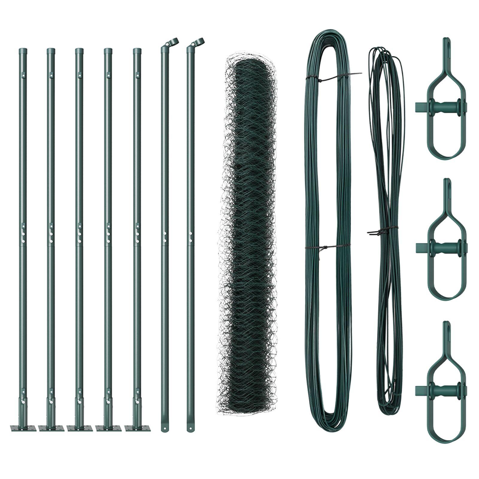 Sekskantet hegn grøn 1,2x10 m stål,  hegnstænger med baseplader 7 stk Ø32mm 68,5cm galvaniseret stål